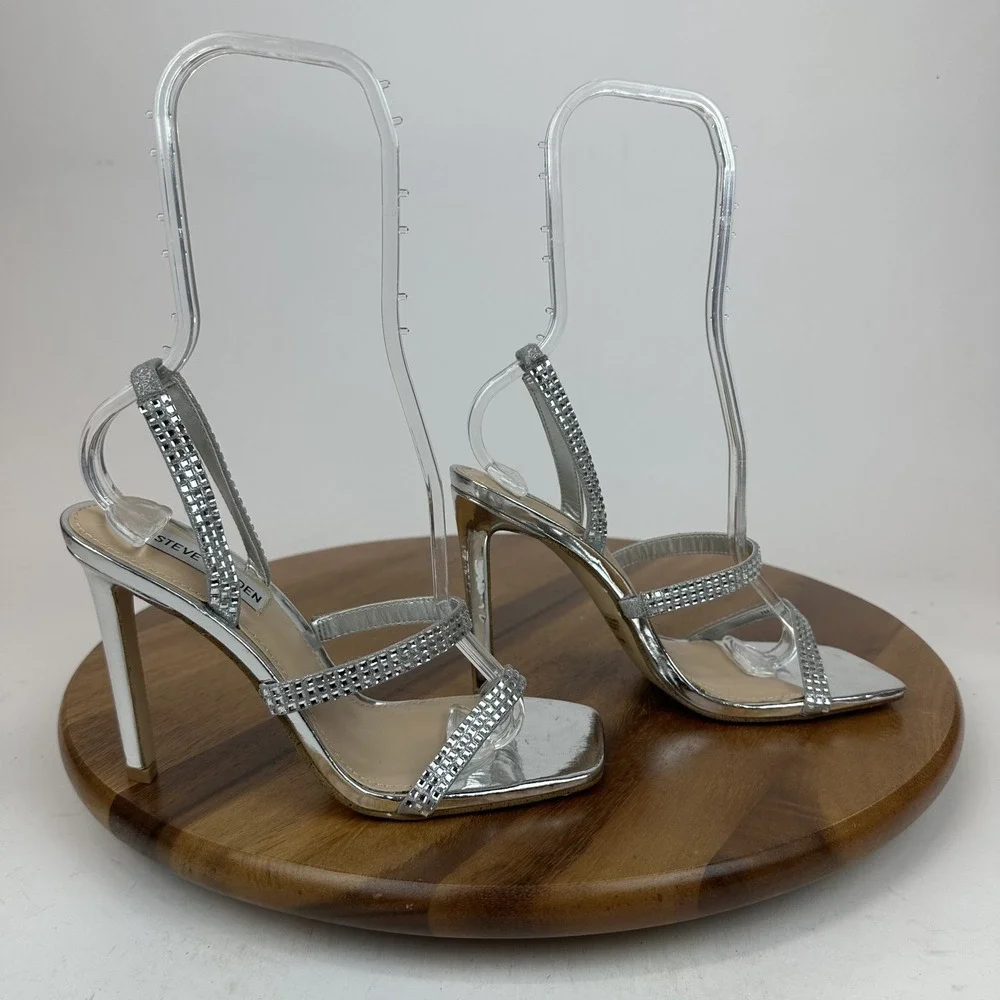 Womens Steve Madden Gracey Silver‎ Rhinestone Slingback Heeled Sandals Size 7 M